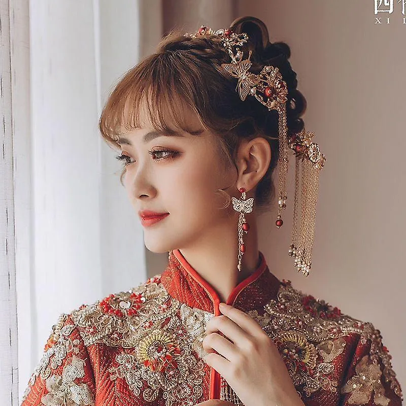 Chinese Hanfu Hairpin Flower Tassel Hairclip Crown Bridal Headdress Cloisonne