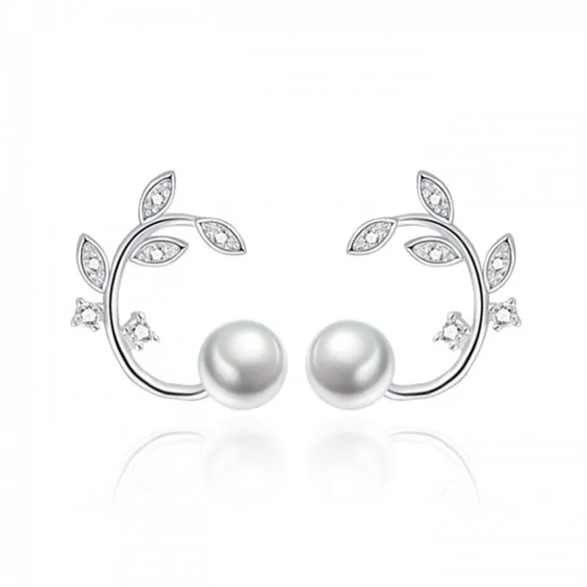 Sweet Flower Pearl Simple Branch Leaves Bending Earrings Studs